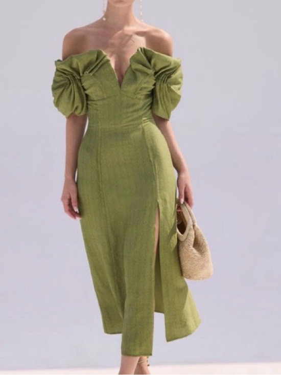 cult gaia Dresses & Skirts - Cult Gaia Muna Off-The-Shoulder Midi-Dress Gray Black 4 cotton linen wedding